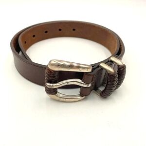 Genuine‎ Leather Belt Womens Small Brown Silver Buckle Western Braided Casual